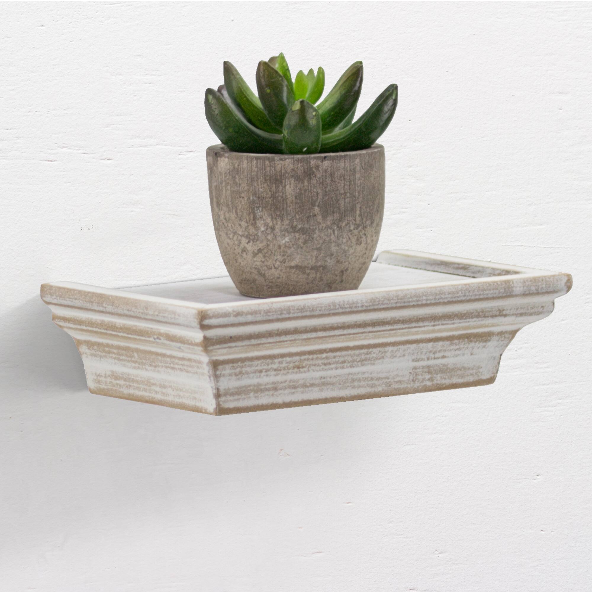 White Floating Shelves with Crown Molding